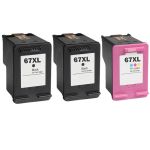 Replacement HP Printer Ink 67XL Cartridges Combo Pack of 3 - High Yield: 2 Black & 1 Tri-color