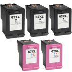 Replacement HP Ink 67 XL Cartridges Combo Pack of 5 - High Yield: 3 Black & 2 Tri-color