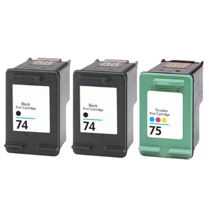 HP 74 & 75 Ink Cartridges Combo Pack of 3: 2 x 74 Black, 1 x Tri-Color