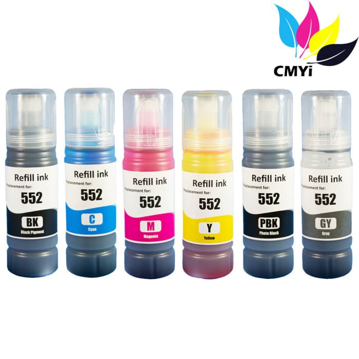 High Yield Epson 552 Ink Refill Bottles Combo Pack of 6: 1 Photo Black, 1 Cyan, 1 Magenta, 1 Yellow, 1 Gray