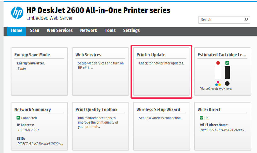 Printer EWS Dashboard menu