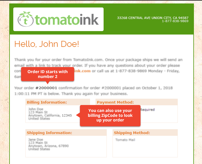 Order details from order confirmation email