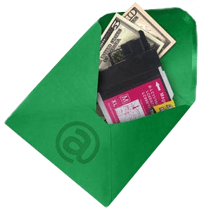 Green envelope with cartridge and money