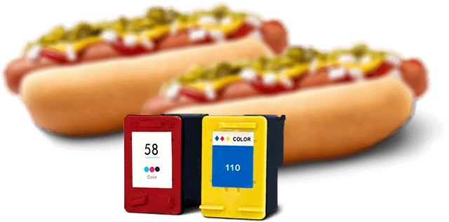 Ink Cartridges with blurred hotdog background